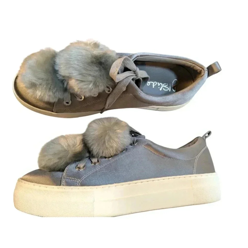 J Slides Silvery Grey with Faux Fur Pom Poms SZ 8.5 Exc Condition Silvery Grey - Picture 6 of 7